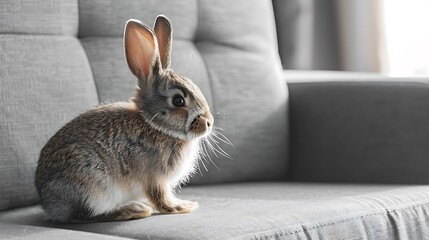 Naklejka premium Adorable little rabbit on the grey sofa
