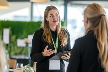 A female event planner conducting a site visit for a corporate event. She’s assessing the venue and discussing details