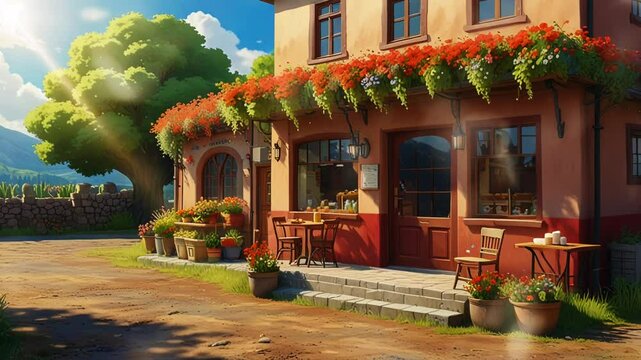 A bakery in a small village, smooth looping video with 4K animation