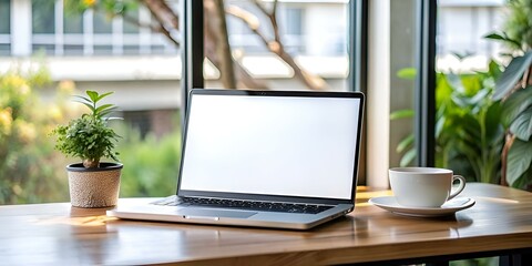 Fototapeta premium A clean and modern mockup featuring a laptop with a blank screen. a cup of coffee. and a small plant on a wooden table.