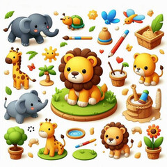 Fototapeta premium The image displays a collection of cartoon-style animal and nature-related icons. There are two elephants, two lions, two giraffes, a turtle, and a bird among the animals shown. Additionally, 