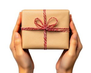 Hands holding gift box isolated on transparent background