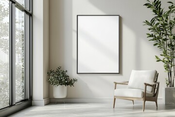 Poster Frame in Beige minimalist living room interior created with generative AI