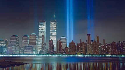 Fototapeta premium Tribute in Light - Nighttime Skyline of New York City Honoring 9/11 with Twin Beams of Light