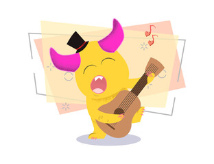 Cute cartoon monster playing guitar and singing love song. Love concept. Vector illustration can be used for topics like party invitation, Valentines day, concert