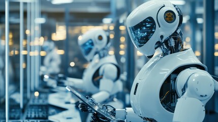 Fototapeta premium Close-up of collaborative robots performing precision tasks, workers guiding and interacting with robots, high-tech environment