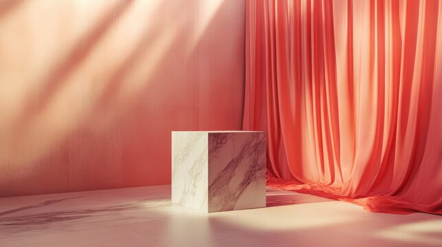 'agonal blur curtain backgroundMock wall splay product red marble table banner poduim display background diagonal studio dais showcase block white perspective'