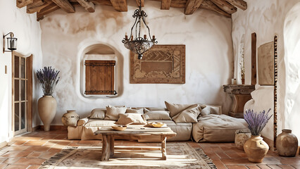 an Italian rustic living-room featuring warm neutral tones 