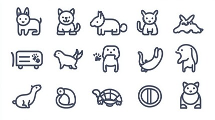 Animals and Pets thin line icon set. Containing dog, cat, fish, bird, rabbit, turtle, paw print, bone, collar, pet food bowl, hamster, aquarium, horse, butterfly.