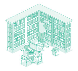 Isometric library with books on shelves. Man stand on ladder and read book. Online catalog. Man sit on computer and read text on monitor. Bookcase full of books.