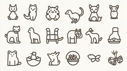 Animals and Pets thin line icon set. Containing dog, cat, fish, bird, rabbit, turtle, paw print, bone, collar, pet food bowl, hamster, aquarium, horse, butterfly.