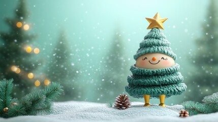 3D render of a cartoon Christmas tree with golden legs and a green cone in a surreal festive scene, featuring a wallpaper with copy space.