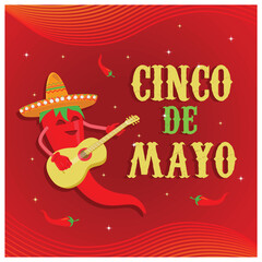 Fototapeta premium Cheerful chili in a sombrero plays the guitar. Cheerful Cinco de Mayo celebration. Cinco de Mayo concept. Flat vector illustration.