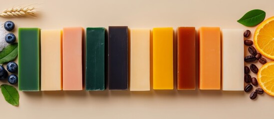 Fototapeta premium Variety of Soaps with Natural Ingredients on Beige Background