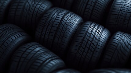 Fototapeta premium Car tire black banner background. Tires for sale in shop.