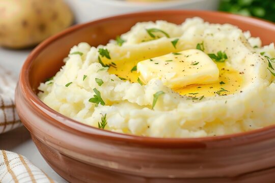 A close-up of a bowl of creamy mashed potatoes with a pat of butter melting on top, garnished with fresh herbs, warm and inviting lighting - Powered by Adobe