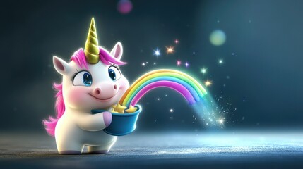 A cartoon unicorn with a magician hat, pulling a rainbow out of a hat with a flourish and a smile