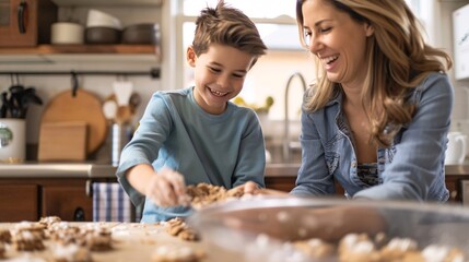 Detailed view of a boy baking cookies in the kitchen with his mother, both sharing a joyful moment