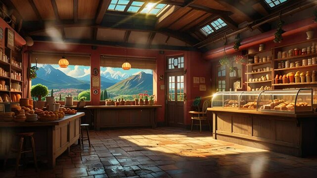 A bakery in a small village, smooth looping video with 4K animation