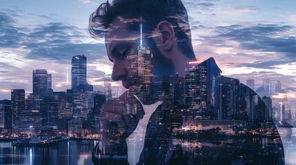 Double exposure of city skyline at dusk, high rise buildings in the city, superimposed with a young man in a thinking pose, conveying business, work.