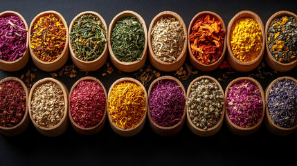 traditional Chinese herbal medicines displayed on a wooden surface. Ingredients include dried roots, leaves, and seeds, symbolizing natural healing, balance, and ancient wisdom