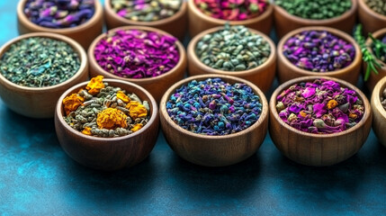 traditional Chinese herbal medicines displayed on a wooden surface. Ingredients include dried roots, leaves, and seeds, symbolizing natural healing, balance, and ancient wisdom