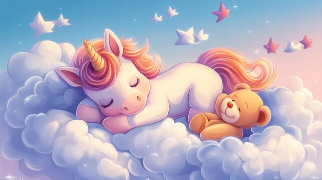 A cute baby unicorn cartoon sleeping peacefully on a bed of clouds, with a teddy bear by its side