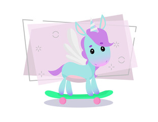 Cute unicorn on skateboard. Fairytale concept. Vector illustration can be used for topics like magic, fantasy, hobby