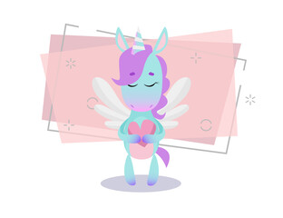 Cute unicorn with closed eyes holding heart. Valentine Day concept. Vector illustration can be used for topics like holiday, romance, love