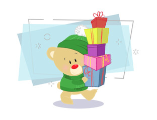 Cute teddy bear in green hat and sweater carrying gifts. Gift delivery concept. Vector illustration can be used for topics like winter holidays, Christmas, New year