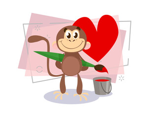 Cute monkey painting red heart with paintbrush. Love, romance, feeling. Valentine Day concept. Vector illustration can be used for topics like holiday, emotions, anniversary