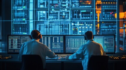 Engineers monitoring an automated power substation from a remote control center, screens showing live feeds,