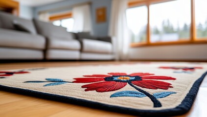 Fototapeta premium Close-Up of Embroidered Blanket with Red and Blue Flowers