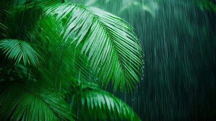 Lush green palm leaves in the foreground, with a heavy downpour of rain in the background.  The image evokes a sense of tranquility and the beauty of nature.