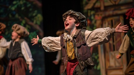 Highly detailed photograph of a boy participating in a school play, dressed in costume and acting on stage