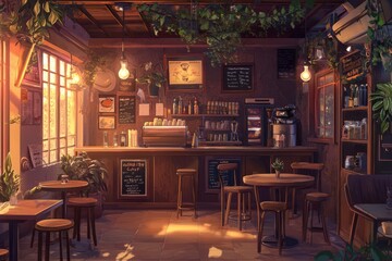 Obraz premium Quaint retro café with a nostalgic feel, featuring cozy seating and soft, warm light illuminating the space. Cozy vibe, Generative AI 