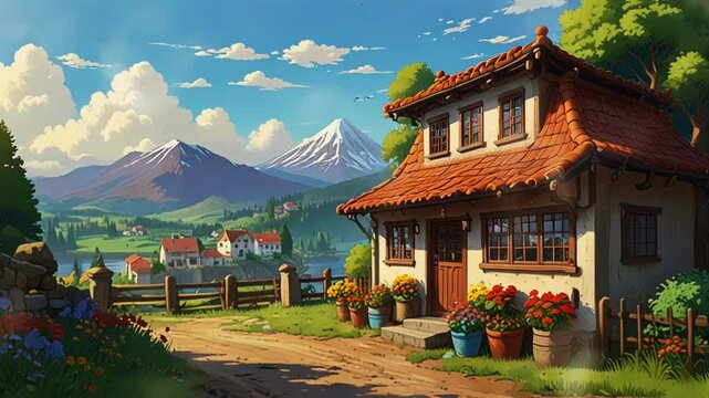 A bakery in a small village, smooth looping video with 4K animation.