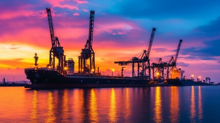 Fototapeta premium Silhouetted cargo ship at a busy harbor with cranes and a vibrant sunset reflected in the water.