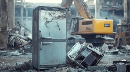 Fridge disposal site, old refrigerators being dismantled, focus on eco-friendly practices, large machines in the background, high detail, action-oriented