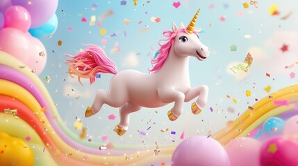 Obraz premium A playful cartoon unicorn jumping over a rainbow, with confetti and sparkles adding to the festive atmosphere