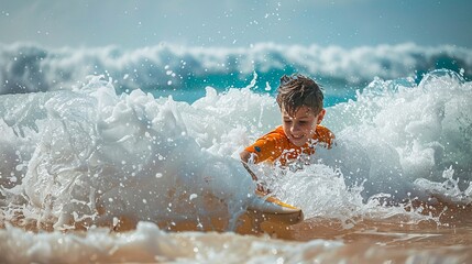 Ultra-sharp photograph of a boy learning to surf at the beach, riding the waves with excitement and determination