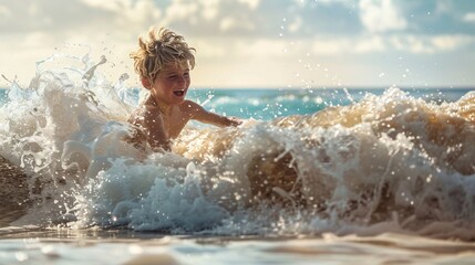 Ultra-sharp photograph of a boy learning to surf at the beach, riding the waves with excitement and determination