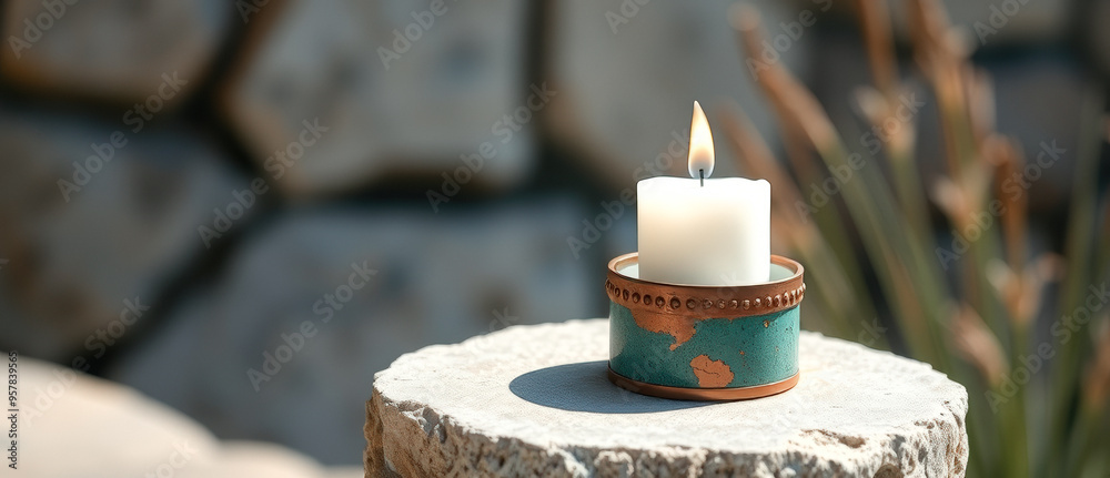 Wall mural Burning Candle in Rustic Setting