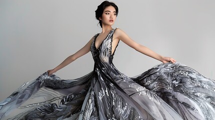 Ultra-clear photograph of a model highlighting a formal dress with exquisite fabric details