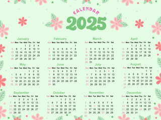 Green floral 2025 New Year Calendar flat design