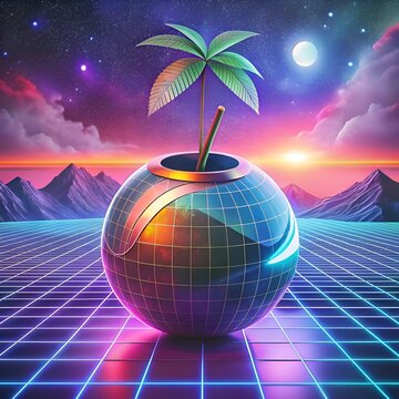 A retro futuristic 3D illustration of a coco plum with a tiny palm tree growing from the top. set against a vibrant 80s inspired background with a glowing grid.