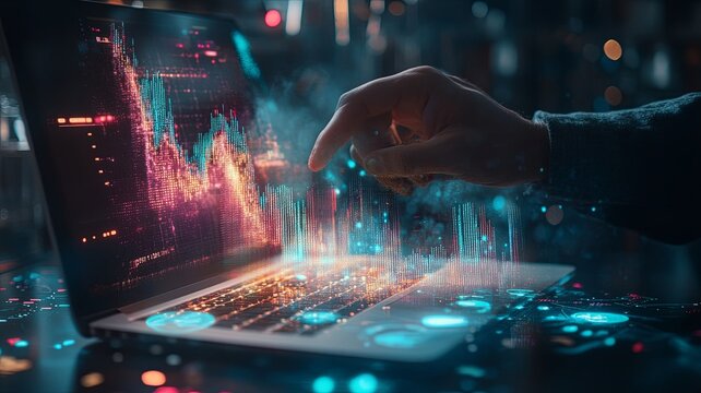 Businessman or trader is showing a growing virtual hologram stock on taplet and laptop with analysing virtual trading price graph