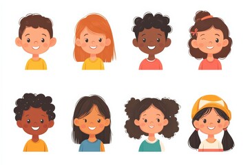 Set of children avatars. Bundle of smiling faces of boys and girls with different hairstyles, skin colors and ethnicities. Colorful flat vector illustration isolated on white background 