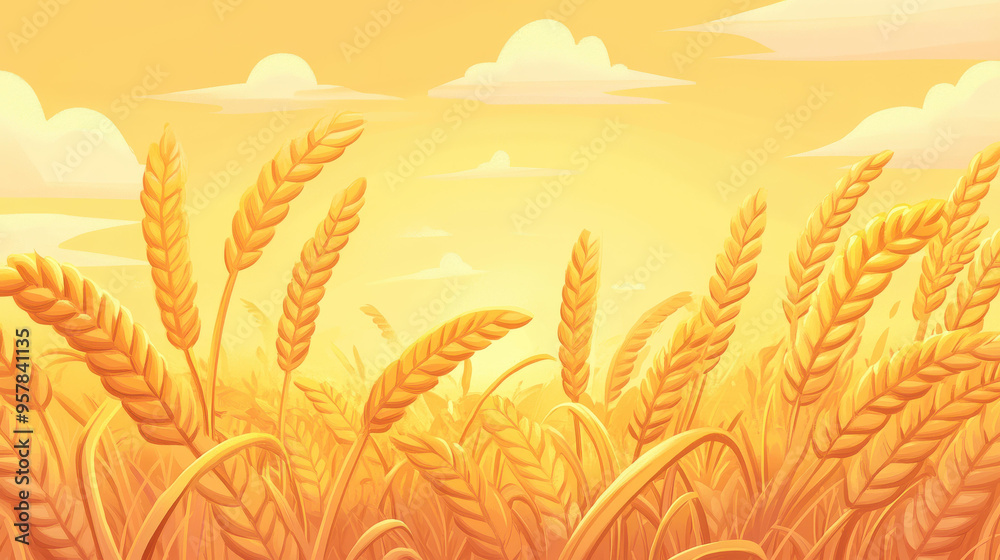 Wall mural A serene digital painting of a wheat field bathed in warm golden light, capturing natures beauty in a modern, textured style.