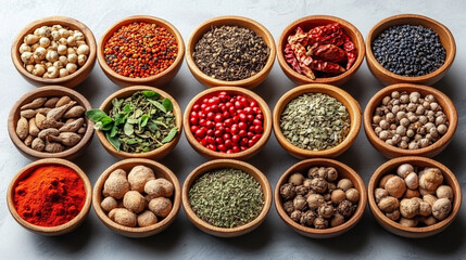 traditional Chinese herbal medicines displayed on a wooden surface. Ingredients include dried roots, leaves, and seeds, symbolizing natural healing, balance, and ancient wisdom